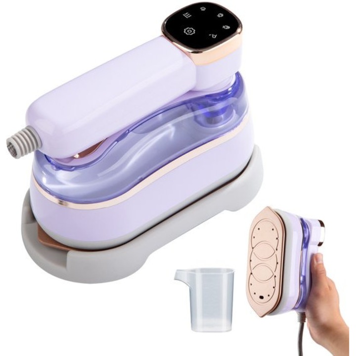 Fier de calcat cu abur portabil K0443-emagCJ-9965, 1400W, 2-in-1 (uscat si cu abur), rezervor 180 ml, 4 trepte cu afisaj LCD, maner rotativ 180°, mov
