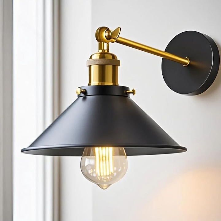 Aplica retro industriala din fier AB Luxury Concept®, E27, Cu rotatie ajustabila de 180°, Stil vintage, pentru interior, Aluminiu/Metal, Auriu Antic/Negru, dimensiune abajur 22cm, 20x10cm