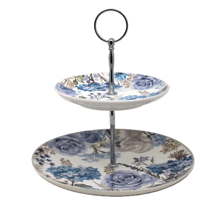 Set patera portelan 2 niveluri, Queen Isabell, motiv floral alb albastru gri, suport metalic argintiu, 23x23cm