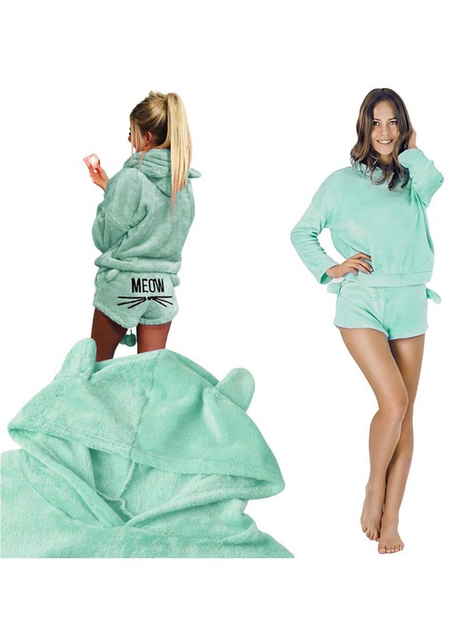 Set pijama dama, din plus moale, marimea M, top cu maneca lunga si pantaloni scurti, turcoaz