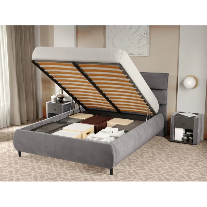 Pat Tapitat Cairo, Rabatabil cu Perne pe Spatar, 140x200, Gri/Velluto 16