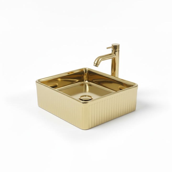 Lavoar ceramic cu montaj pe blat NEXTLY, 37x37x15cm, design lucios, material premium, aspect modern, ceramica sanitara, gold