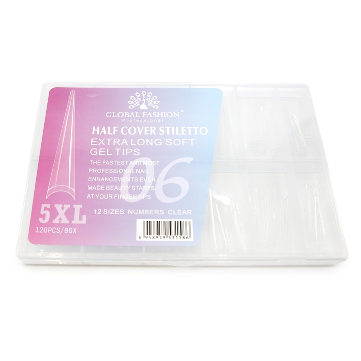 Set 120 bucati tipsuri dizolvabile, 12 marimi, 5XL extra-lung, stiletto la varf, Nr. 06