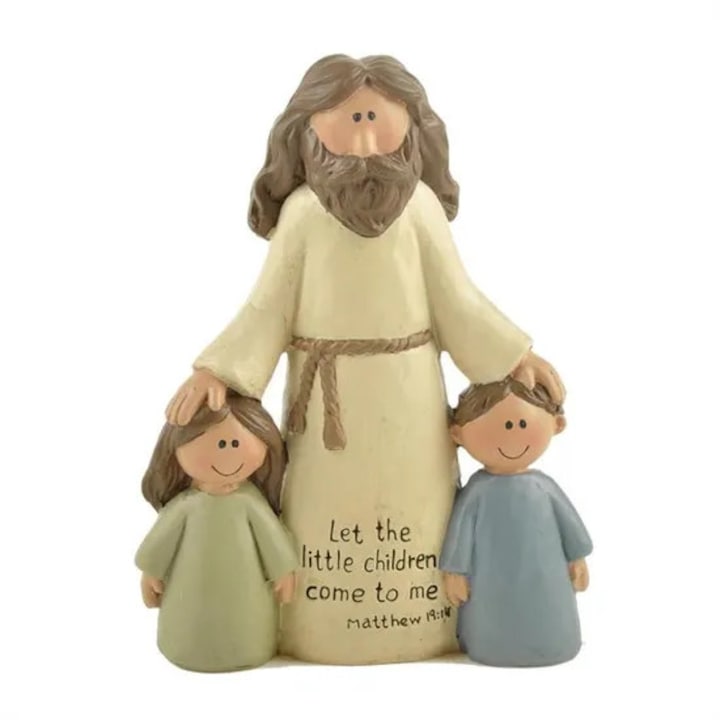 Figurina religioasa crestina din rasina, cu Iisus si copii, ornament handmade, decor pentru casa