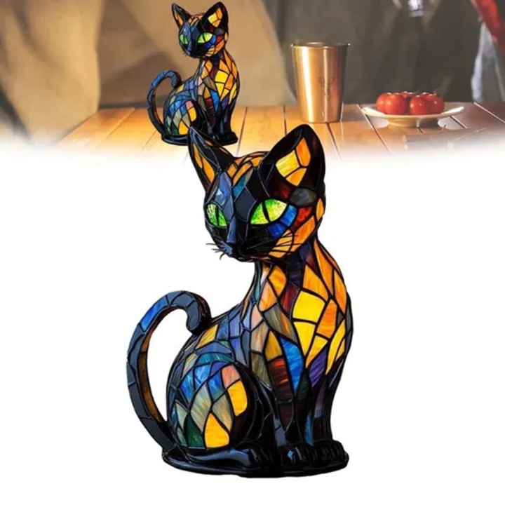 Veioza Cat, design vintage, rasina colorata, LED eficient energetic
