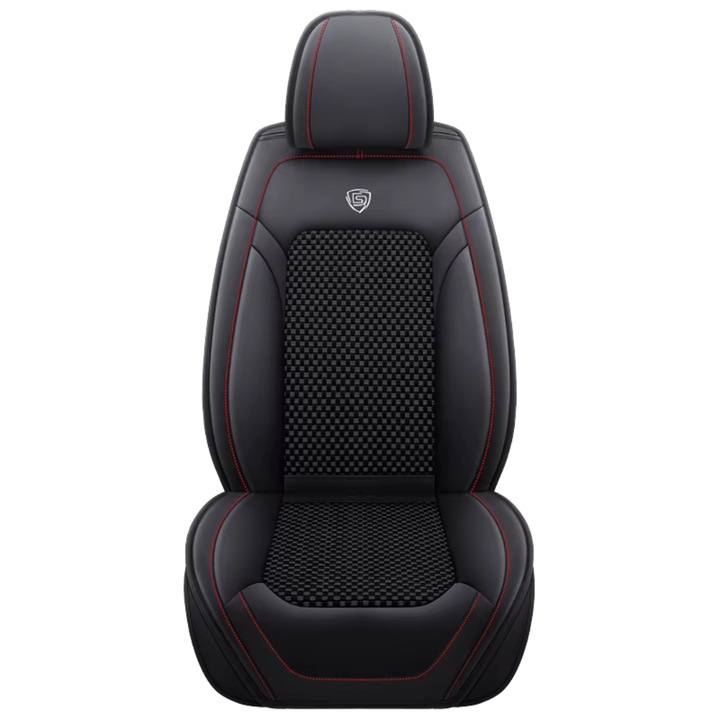 Set Huse Scaune Auto TOP Textil+Piele ecologica Nappa, Negru cu rosu, set complet fata-spate