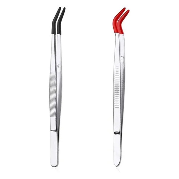 Cleste curbat din otel inoxidabil cu varfuri din cauciuc, maner unghiular, set