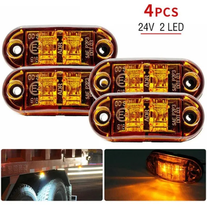 Set 4 lumini marcaj portocalii LED, 12V/24V, universale, pentru laterale/frontal/spate