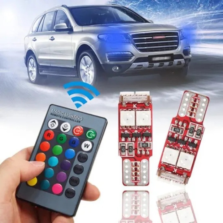 Set 2 becuri T10 W5W LED RGB cu telecomanda pentru iluminat interior auto