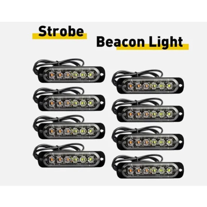 Kit de 8 bare de lumini stroboscopice cu 6 LED-uri amber/alb pentru semnalizare laterala camion de remorcare