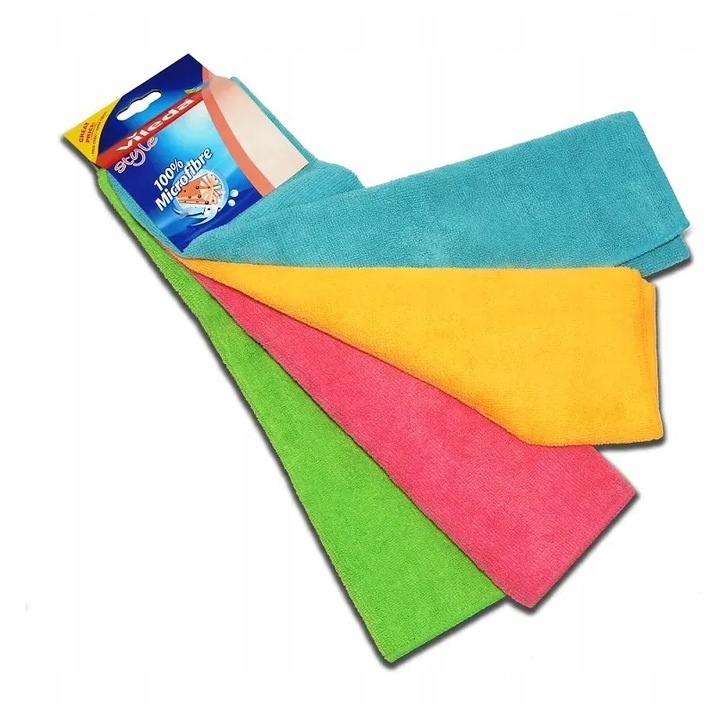 Комплект от 4 кърпи, Vileda, Микрофибърни, Суперабсорбиращи, За многократна употреба, Мокро и сухо почистване, Многоцветни