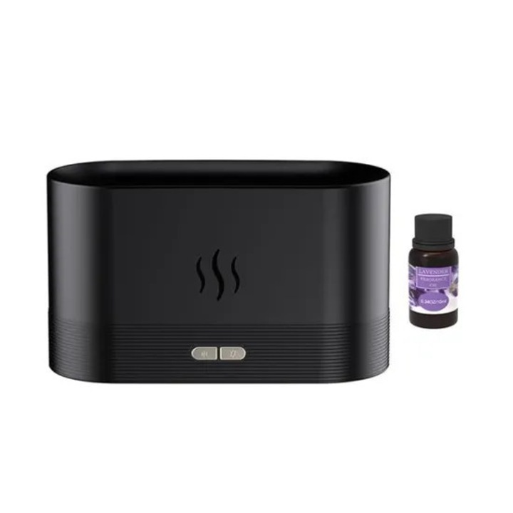 Арома дифузер, черен, овлажнител с етерично масло, симулиран пламък
