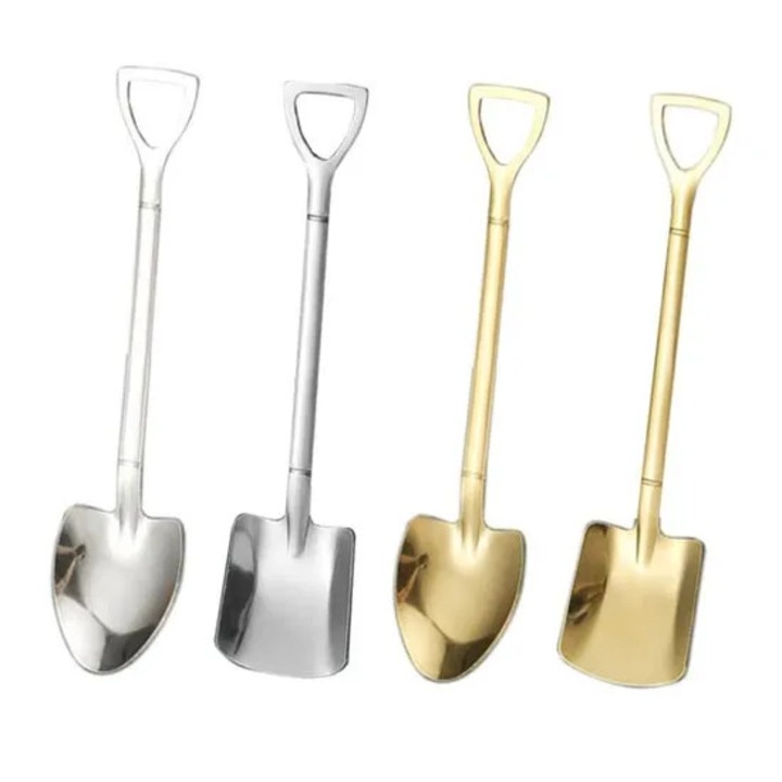 Set 4 piese tacamuri retro din inox si lingurite, forma de lopata