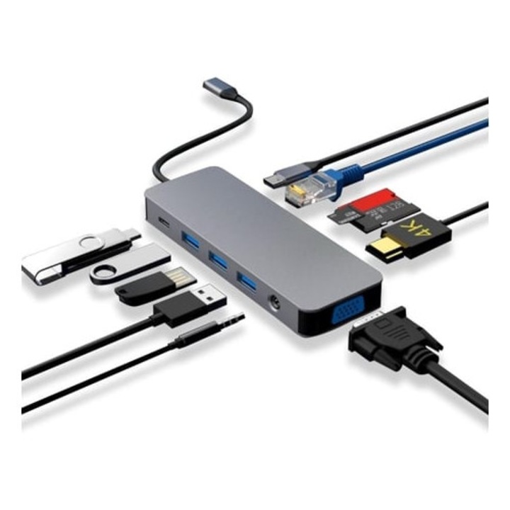 Statie de andocare USB-C 11-in-1, hub multi-adaptor, 4K HDMI, Ethernet Gigabit, VGA, 3 USB 3.0, cititor de carduri audio