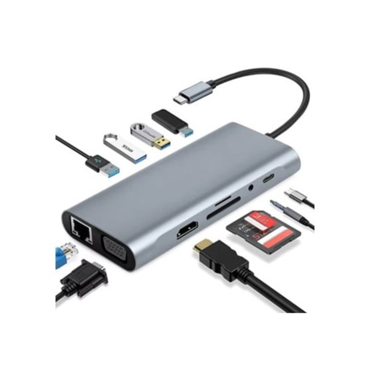 Statie de andocare USB C, adaptor HDMI, 11 in 1, Ethernet Gigabit, VGA, 4 USB