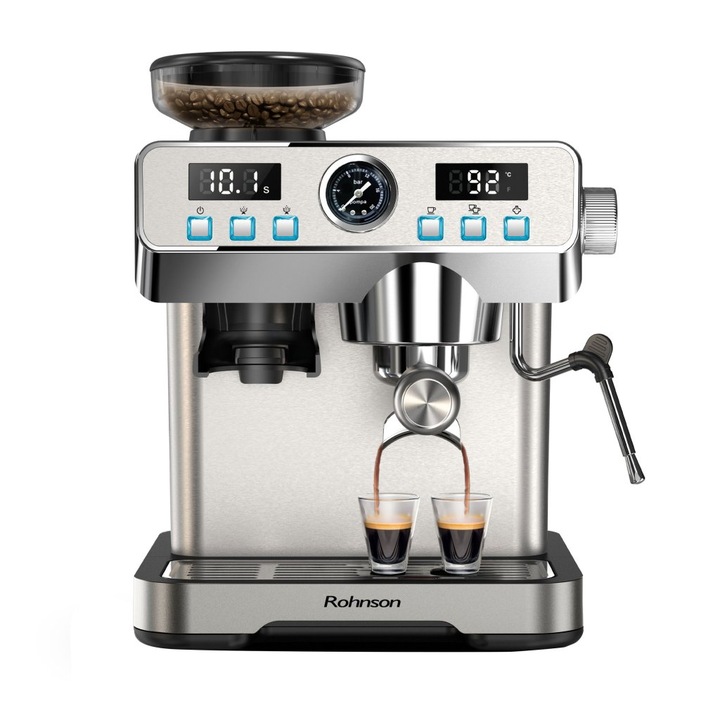 Espressor cu rasnita 2 in 1 Rohnson R98150, 1350W, cafea boabe, putere macinare 120W, 2L, 20bar, tactil, 77dB, sistem control temperatura NTC, 20 nivele macinare
