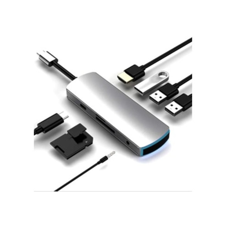 Hub USB Type-C 8-in-1, 4K, cititor TFSD, audio 3.5mm, 3 porturi USB 3.0, incarcare rapida