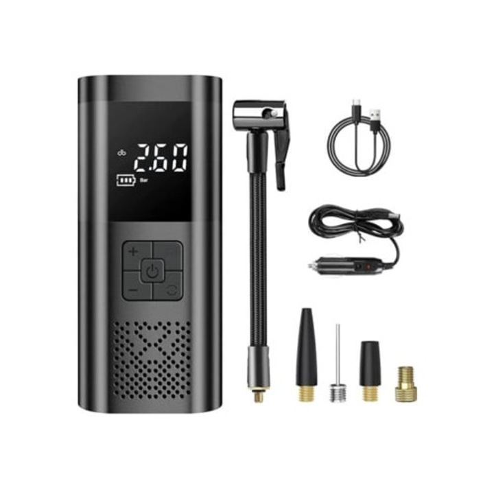 Compresor de aer portabil pentru anvelope, inflator electric cu manometru digital 150 Psi, fara fir, 30x15x10cm