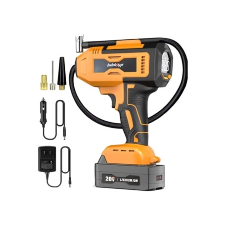 Compresor auto Hddifgp 20V fara fir cu baterie litiu-ion reincarcabil, adaptor 12V, metru