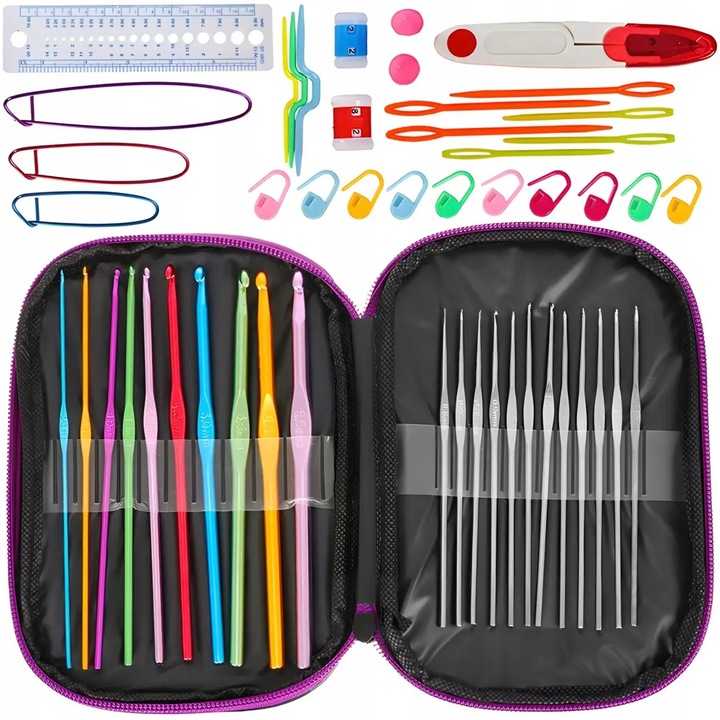 Set 50 piese pentru crosetat in husa din piele ecologica, un cadou perfect pentru pasionatii de crosetat sau broderie - Optim Solution