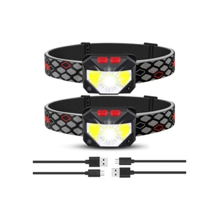 Lanterna frontala reincarcabila, 1100 Lumen, lumina rosie si alba, set de 2 bucati