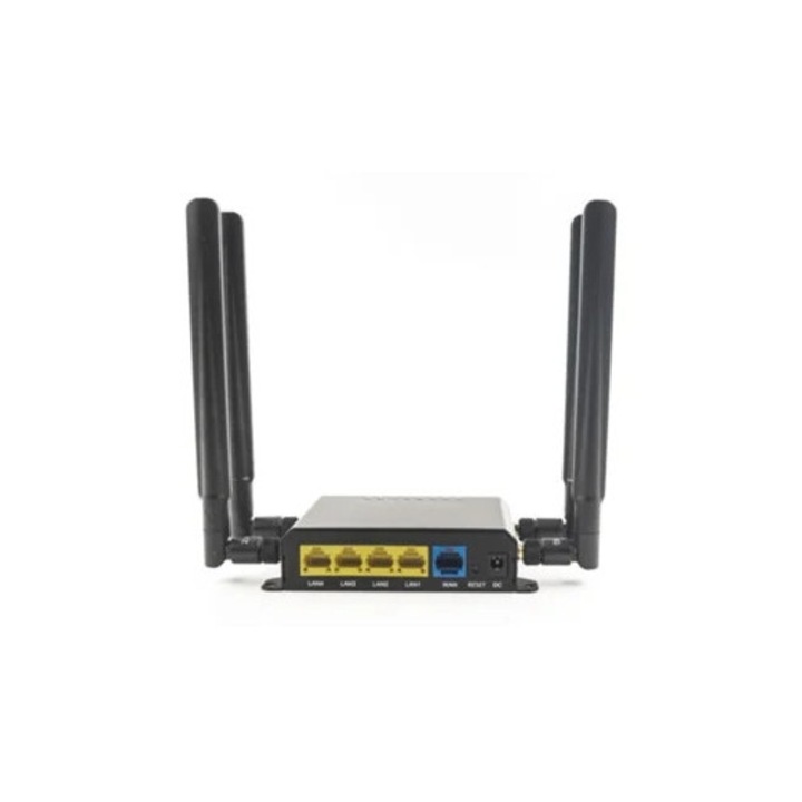 Vezeték nélküli router, ipari fémkeret, levehető külső antennák, feloldott SIM-foglalat, USB-port, fekete