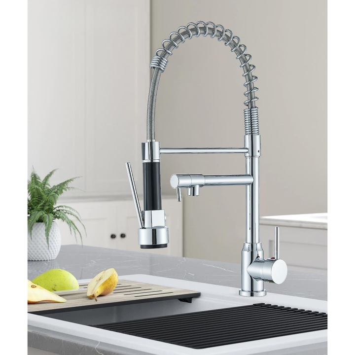 Baterie Chiuvetă Bucătărie, Set Pipa Rotativă 360, Crom, Furtunuri Flexibile