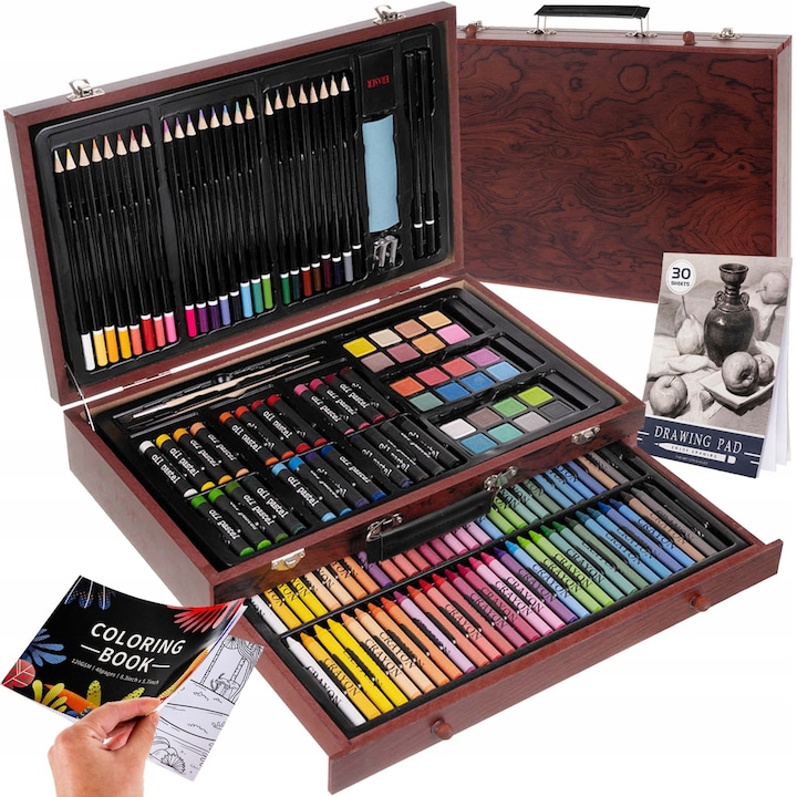 Set pictură LikeSmart Painting Suitcase, 148 piese, valiză din lemn, creioane, acuarele, 23x37, 5x8cm
