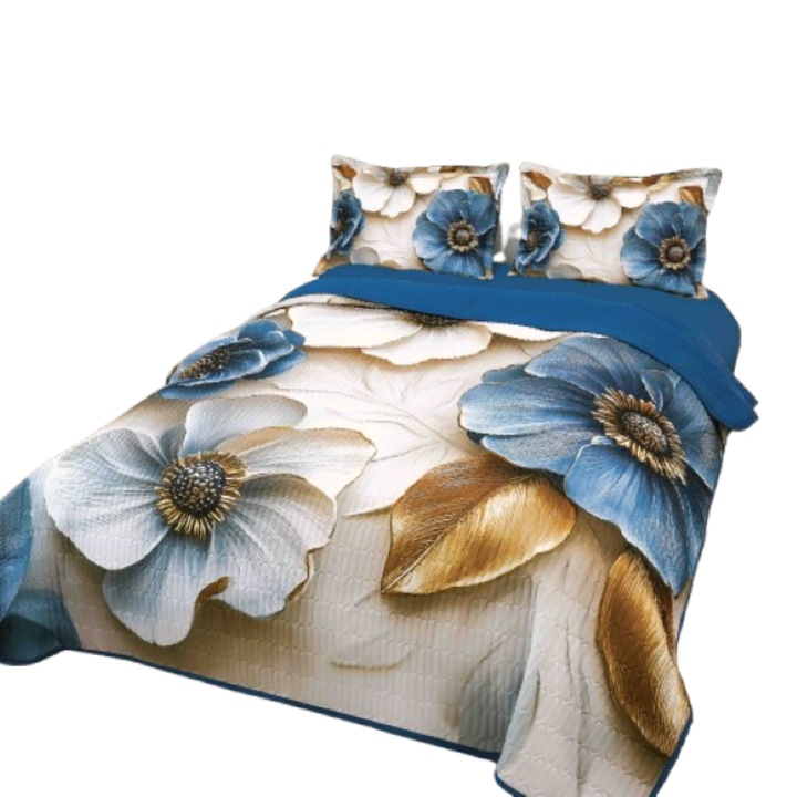 Cuvertura si Fete de Perna, Jojo Home, Bumbac, Imprimeu Digital 5D, Flori de Sticla, 3 piese, 2 persoane, 220x240cm, Multicolor