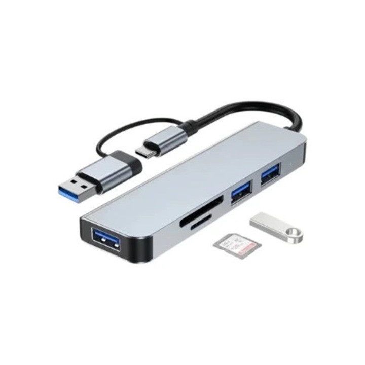 USB C Hub 5 az 1-ben, kártyaolvasó, 3 USB 3.0 port, ezüst