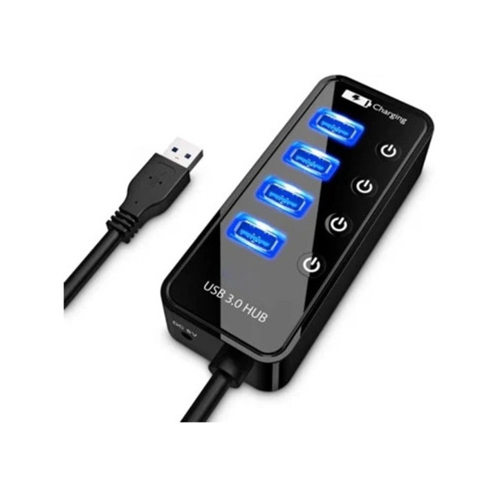 Hub USB 3.0 cu 4 porturi, comutator On/Off, port de incarcare USB, negru