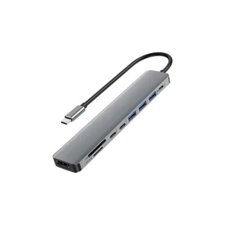 Хъб USB-C 9-в-1, адаптер HDMI 4K, сребрист