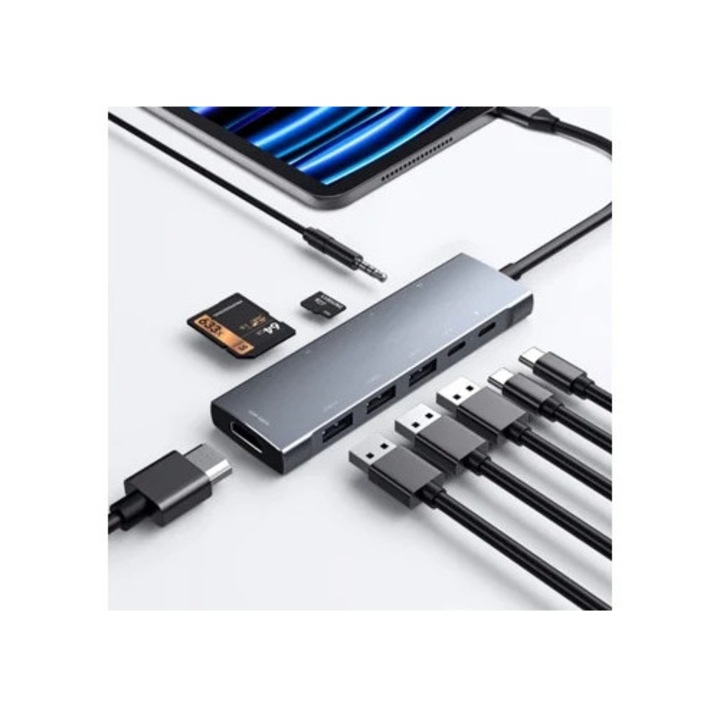 Хъб USB-C 9-в-1 за iPad Pro и iPad Air, сребрист, размери 11x12.9 инча