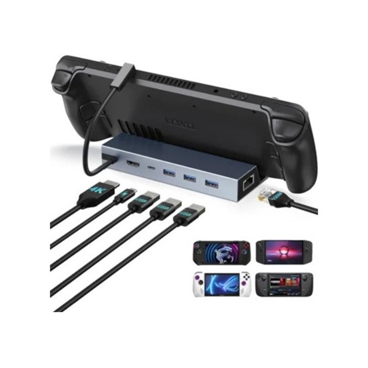 USB-C 6 az 1-ben dokkolóállomás gaming konzolokhoz, HDMI 4K UHD, fekete, Steam Deck/Legion Go/MSI Claw/Nitro Deck készülékekhez