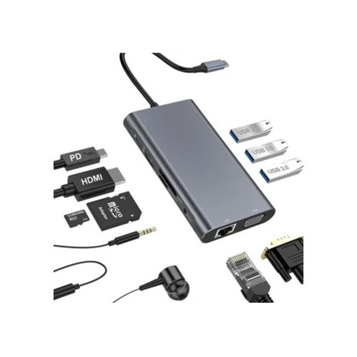 Hub USB-C 10-in-1 cu HDMI 4K, VGA, USB 3.0, RJ45, cititor carduri, 3.5mm Aux