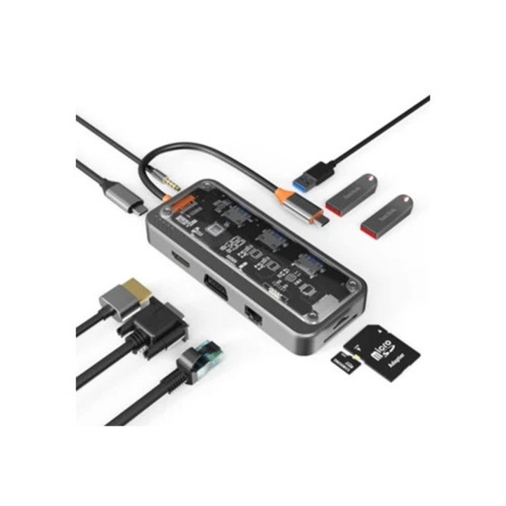 USB-C hub, 10 az 1-ben, 4K HDMI, VGA, Type-C PD, USB 3.0, RJ45 Ethernet, SD/TF kártyaolvasó