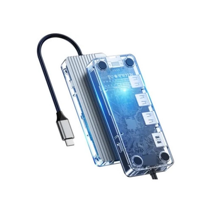 Statie de andocare USB-C, adaptor Type-C transparent, 6 porturi USB 3.0, HDMI 4K, Ethernet RJ45