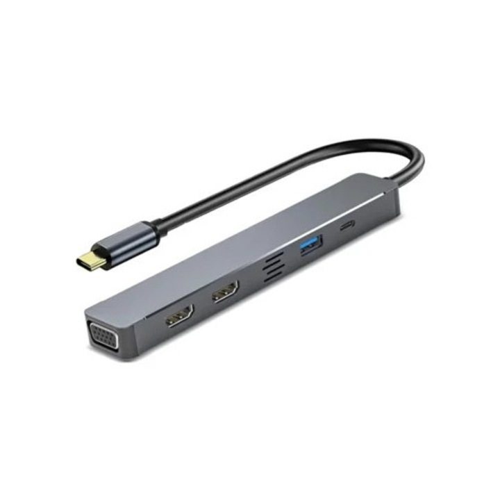 Statie de andocare 5-in-1 Dual HDMI 4K, adaptor triple monitor HDMI si VGA, hub USB C, gri