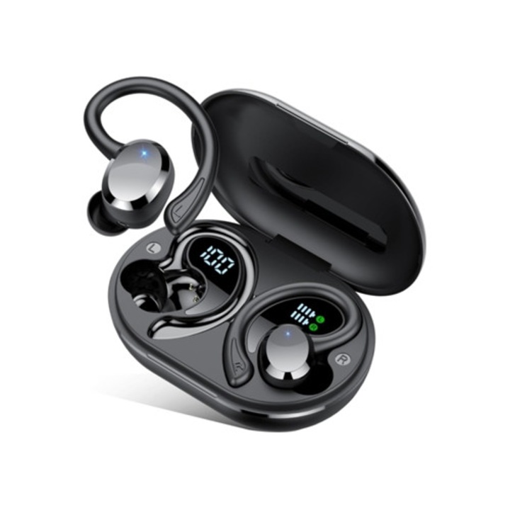 Vezeték nélküli fejhallgató, Bluetooth 5.4, 68 óra üzemidő, vízálló, beépített mikrofonnal, fekete