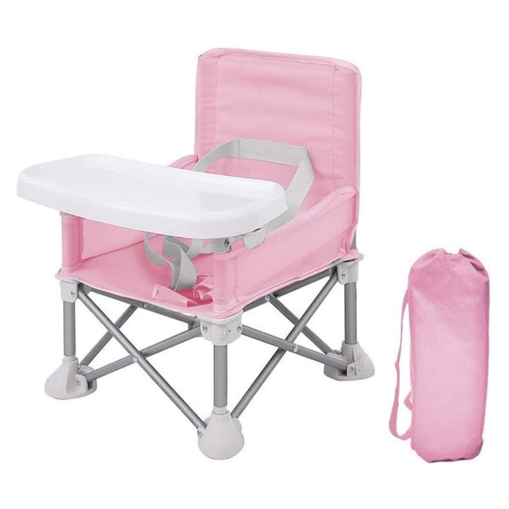 Scaun bebe, pliabil, compact, portabil, usor de depozitat, cu tava detasabila, pentru masa si joaca, cu spatiu de depozitare, ham de siguranta in 5 puncte - BIBISEAT roz JOJOY®