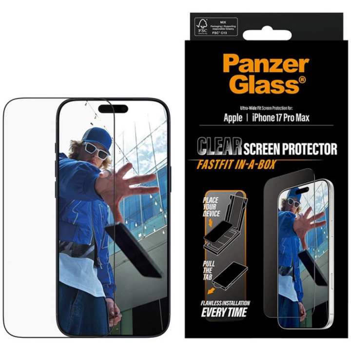 Folie Sticla PanzerGlass cu aplicator pentru iPhone 17 PG49876 Negru