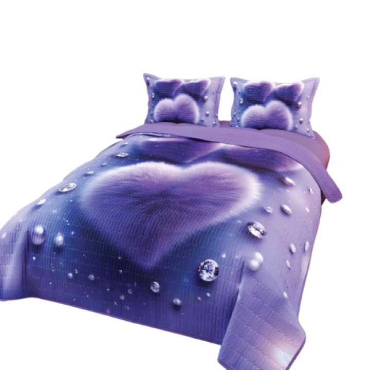 Cuvertura si Fete de Perna, Jojo Home, Bumbac, Imprimeu Digital 5D, Inimioare, 3 piese, 2 persoane, 220x240cm, Mov