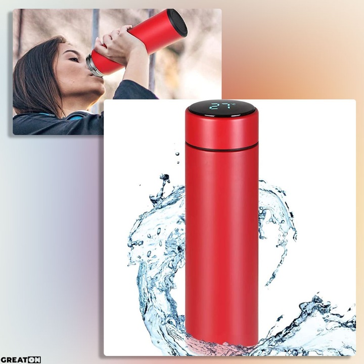 Termos Inteligent GREATON Cu Termometru Integrat, Afisaj Temperatura Lichid, Inox, 500 ml, Inchidere Etansa, Rosu