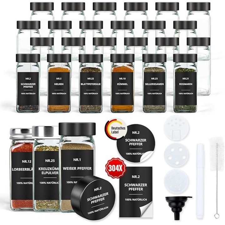 Set de 24 borcane patrate pentru condimente, ORBER, sticlă, 120 ml, etichete impermeabile, negre
