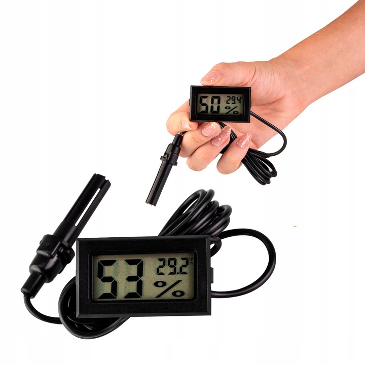 Set electronic termometru higrometru, SuperButelki, cu sonda de 150 cm, Interval de masurare a temperaturii 50°C la +70°C, Interval de masurare a umiditatii 10% la 99%, Alimentare Cu baterii 2x LR44 incluse in set, Afisaj LCD, 5 x 3 x 1.6 cm