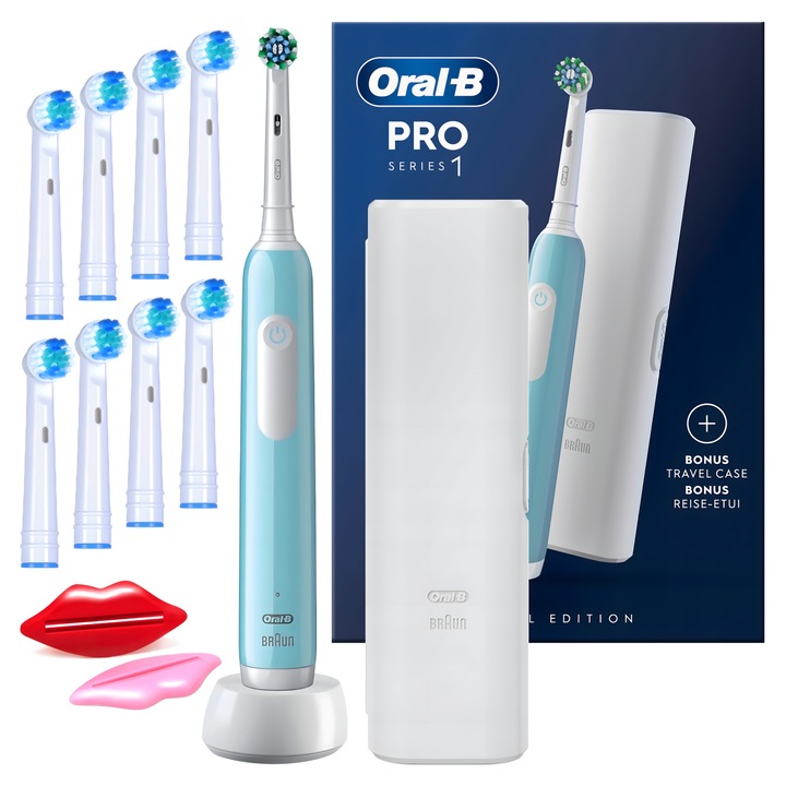 Oral-B Pro Series 1 elektromos fogkefe szett, kék, utazótok, 8 cserefej, 2 tubusprés