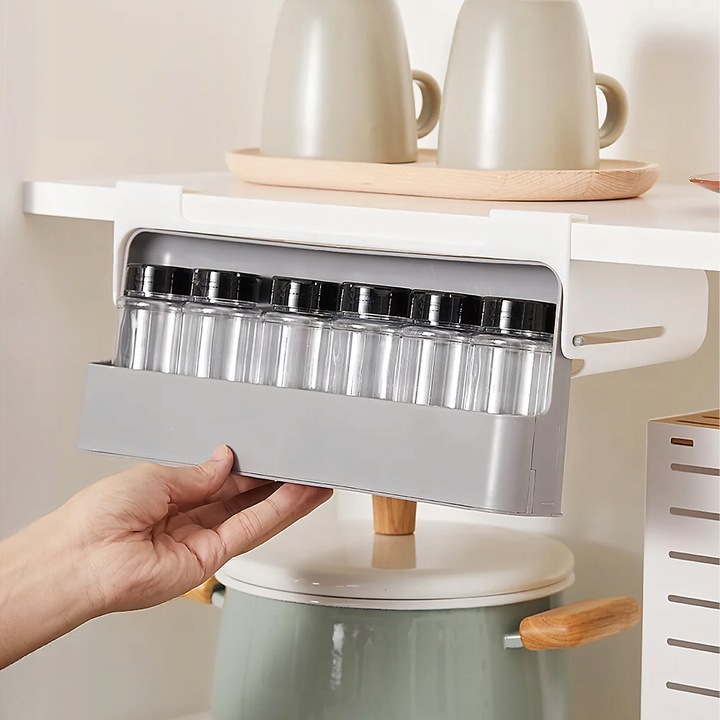 Suport organizator suspendat pentru condimente, Zola, 6 recipiente, pliabil, autoadeziv, plastic, 32 x 13.5 x 9.5 cm, alb/gri