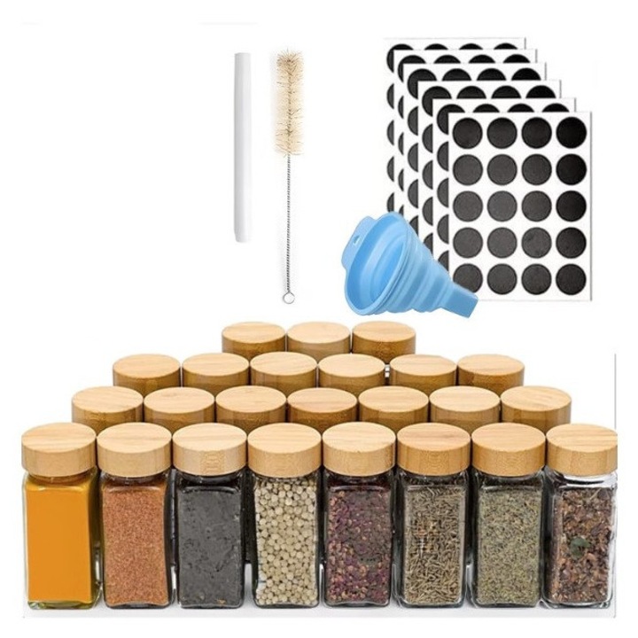 Set 24 Recipiente Condimente din Sticla cu Capac din Bambus, Etichete, Palnie, Marker inclus, HAPPY JOKER®
