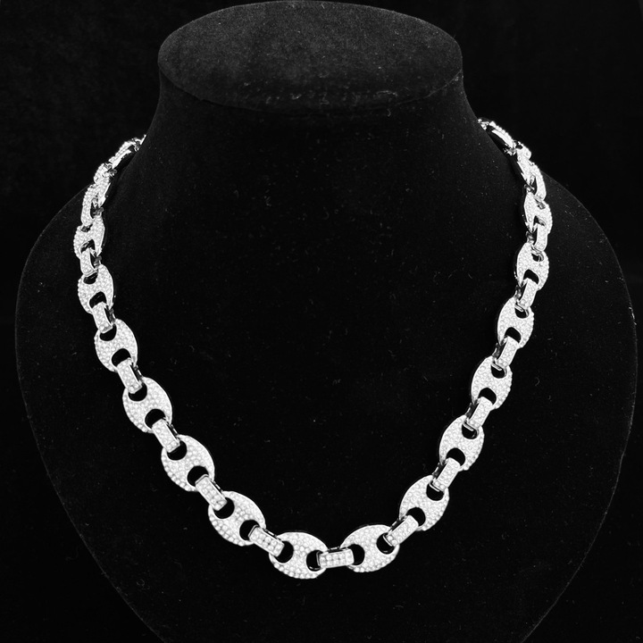 Colier Unisex ElectraStore Cuban Shine, otel inoxidabil placat cu aur alb 14K, cristal Zirconia, 50cm