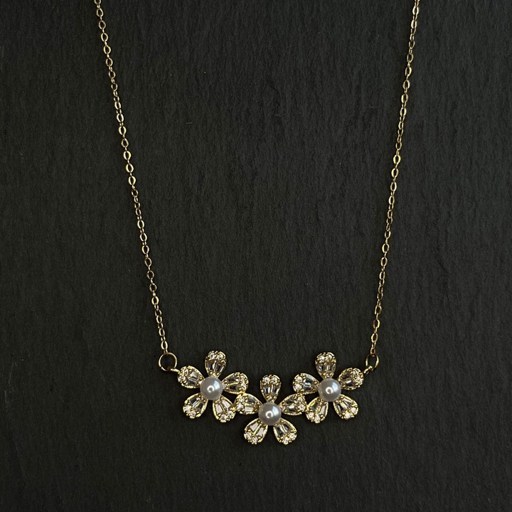 Colier Aur, ElectraStore, Flori cu Perle, 100% autentic, 45cm